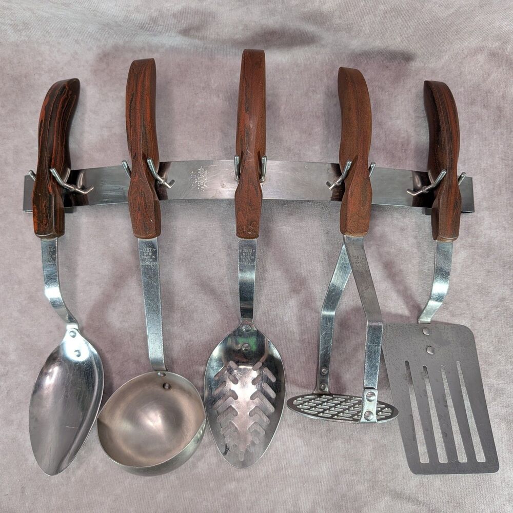 Vintage Cutco 5 Piece Kitchen Utensil Set Brown Handles With Wall Rack Stainless
